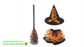 KIT FANTASIA HALLOWEEN SAIA/CHAPEU/VASSOURA 22CM LARANJA 96085001