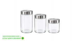CONJ POTE VIDRO 3PCS C/TAMPA INOX TOP2349