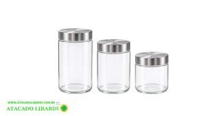 CONJ POTE VIDRO 3PCS C/TAMPA INOX TOP2349
