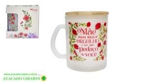 CANECA VIDRO 9CM 320ML VIDRO C/TAMPA BAMBU MAE FBC01186